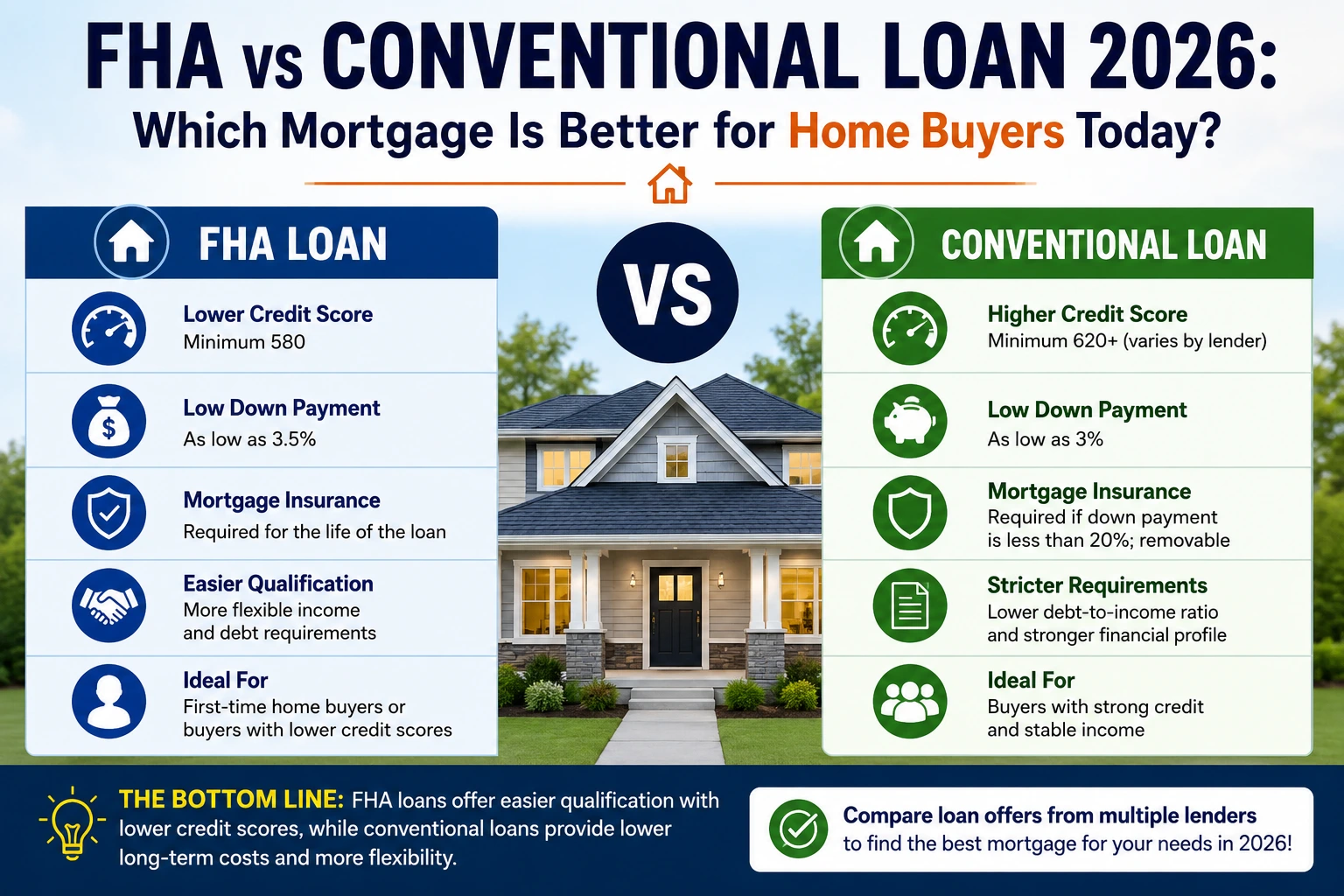 FHA vs Conventional Loan 2026 comparison infographic showing key differences between FHA and conventional mortgages, including credit score requirements, down payment options, mortgage insurance, qualification standards, and ideal borrower profiles to help home buyers choose the best loan.