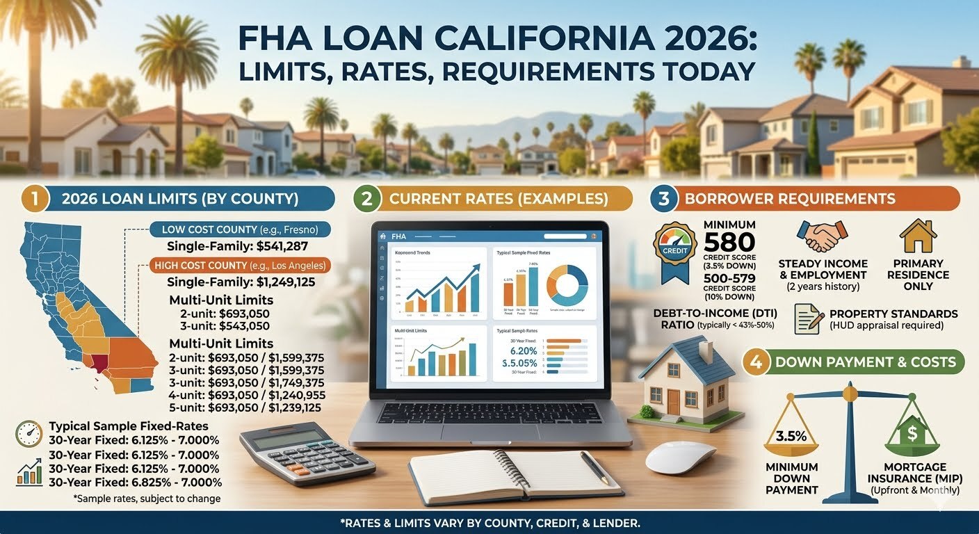 FHA Loan in California 2026 guide showing current loan limits, mortgage rates, eligibility requirements, down payment options, and home financing information for California home buyers.