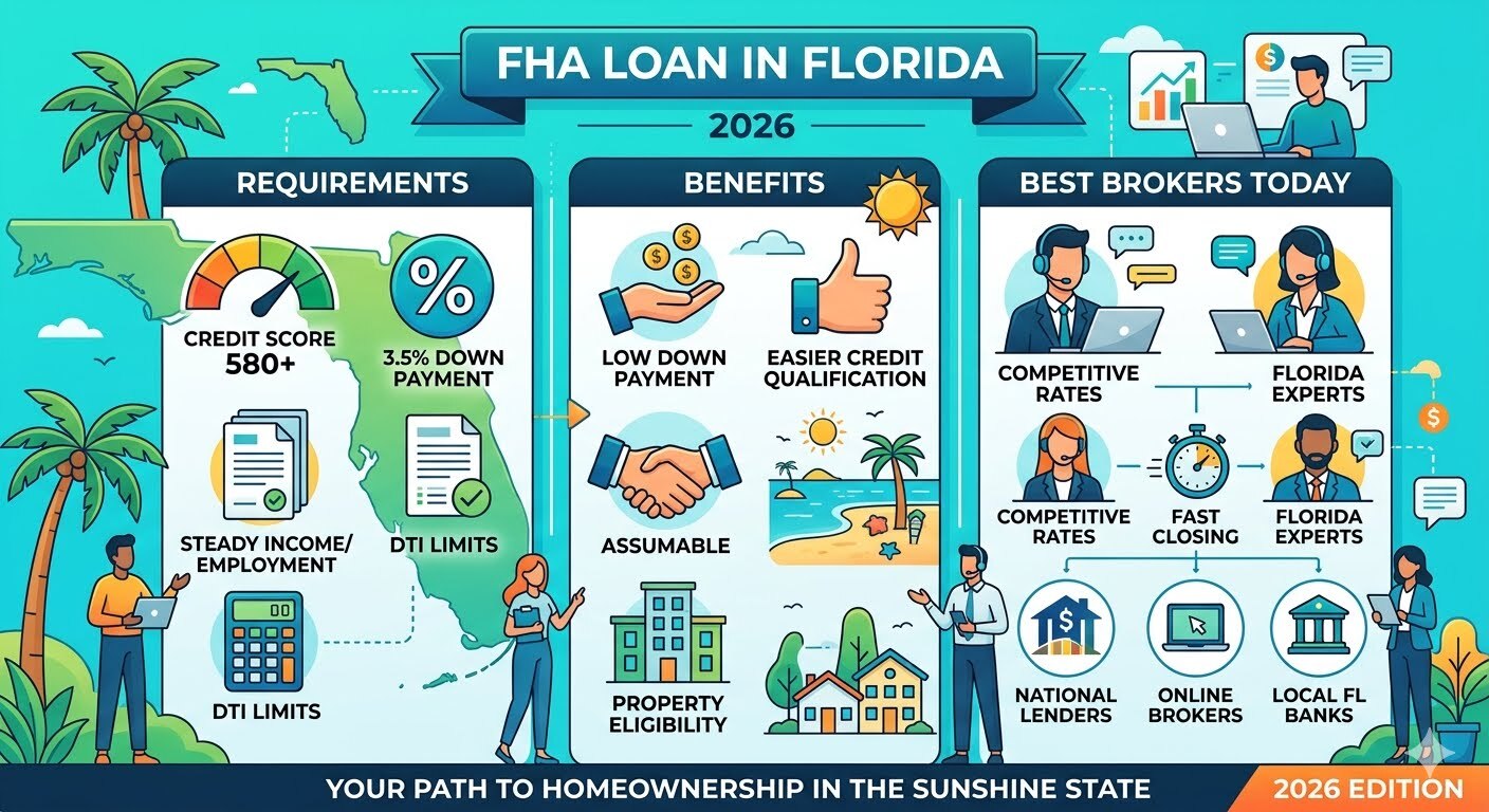 FHA Loan in Florida 2026 guide showing homebuyers reviewing mortgage requirements, FHA loan eligibility, low down payment options, and working with trusted mortgage brokers to secure affordable home financing in Florida.