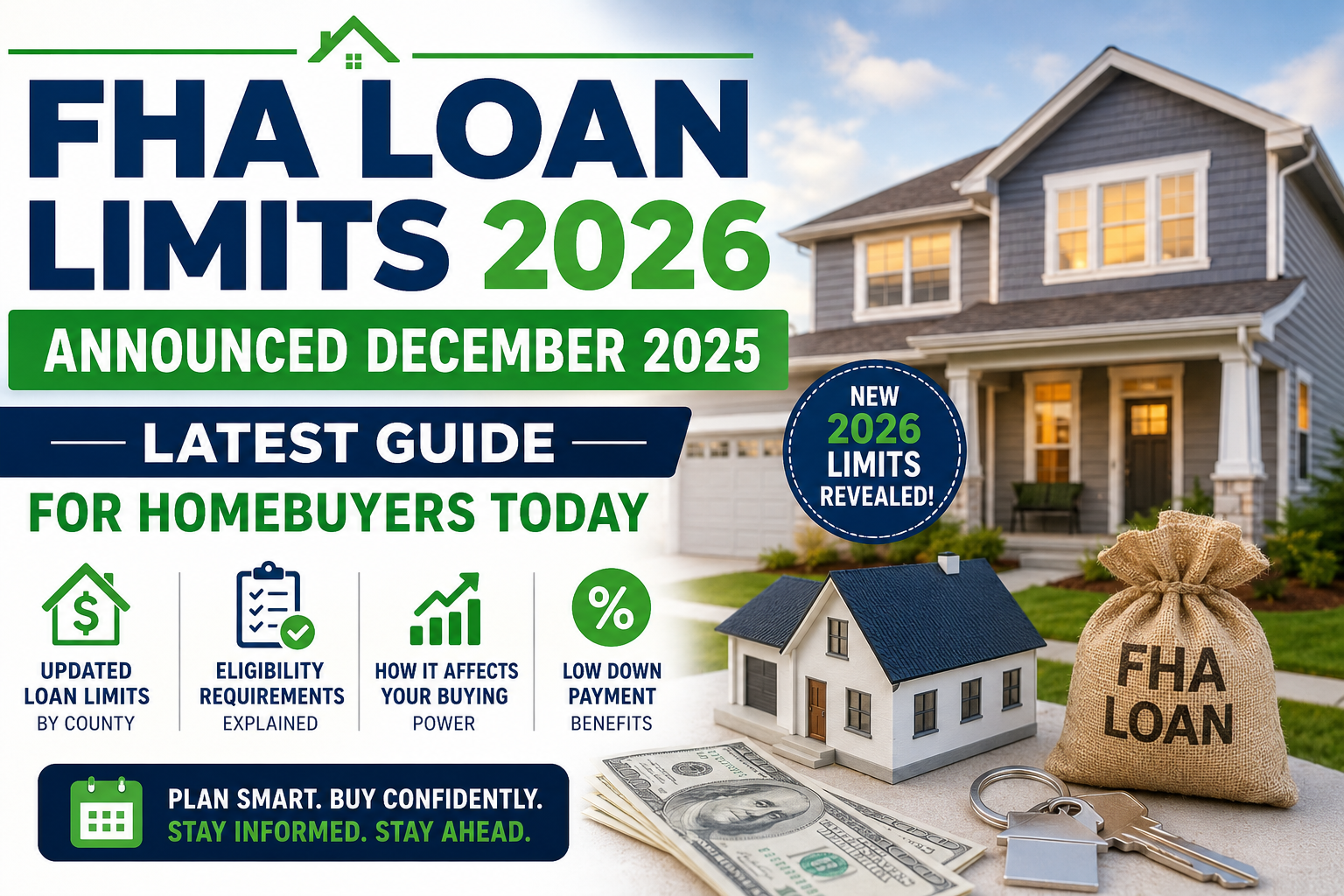 FHA Loan Limits 2026 Announced December 2025 showing updated borrowing limits for homebuyers with a modern infographic design highlighting mortgage information and housing finance updates.