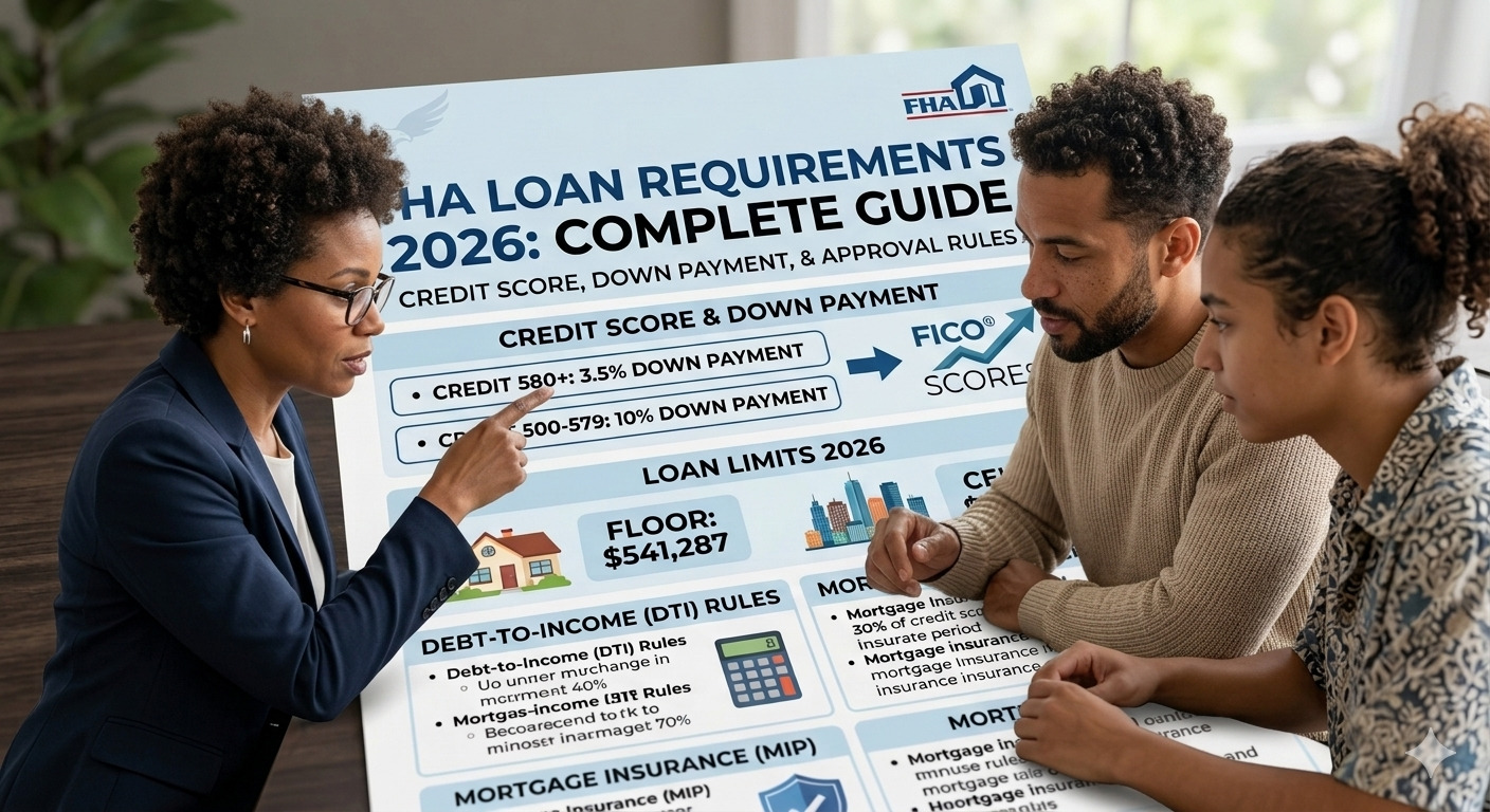 FHA Loan Requirements 2026 complete guide showing credit score, down payment options, income rules, and approval process for home buyers in the United States.