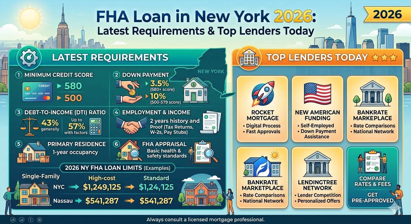 Modern family standing in front of a new home in New York after FHA loan approval, representing FHA Loan in New York 2026 requirements, affordable home financing, low down payment options, and top mortgage lenders for home buyers.