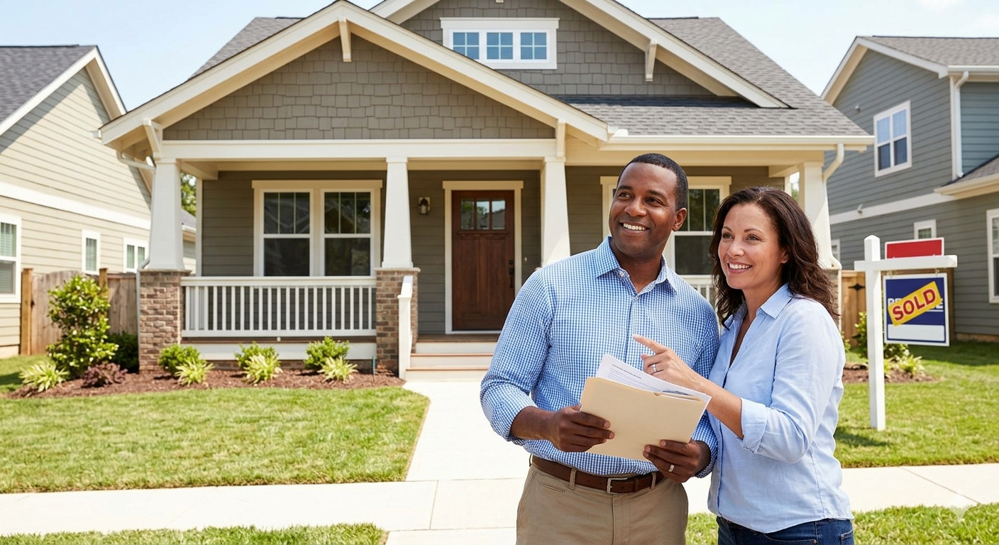 FHA Loan Requirements 2026 infographic showing a happy family standing in front of a new home with key mortgage qualification factors including credit score requirements, 3.5% down payment, income verification, debt to income ratio, and FHA approved property standards for home buyers in 2026.