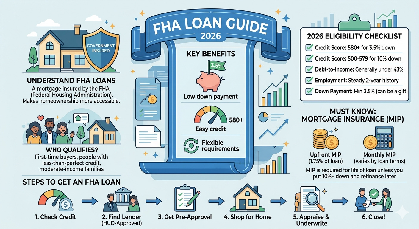 "What is an FHA Loan? Complete Beginner's Guide 2026 – Illustration of a first-time homebuyer learning about FHA mortgage loans, low down payment options, home financing, and mortgage approval process."
