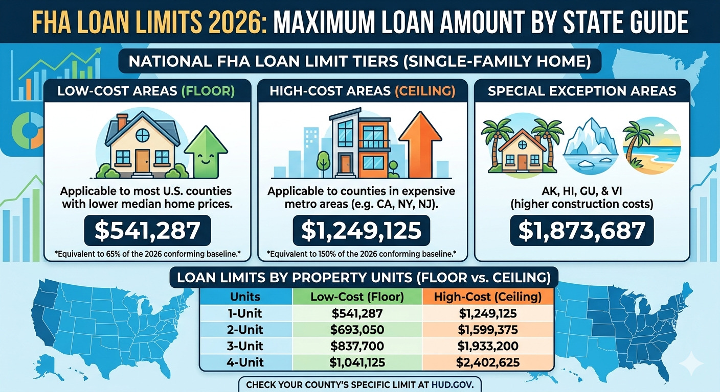 FHA Loan Limits 2026 — Maximum Loan Amount by State: Map of the United States highlighting FHA loan limits across different states and counties.