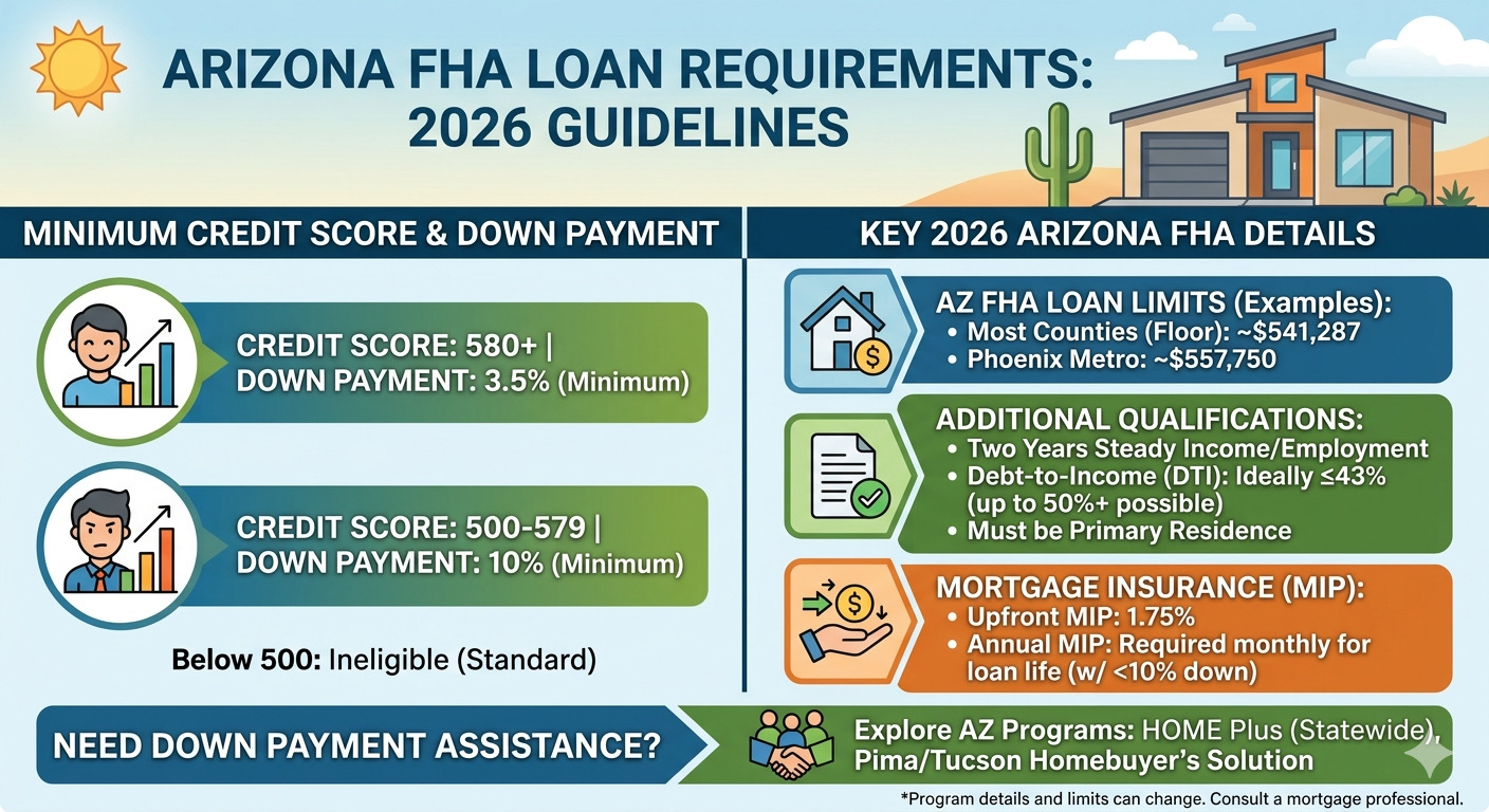 FHA Loan in Arizona 2026 showing down payment requirements, minimum credit score, mortgage eligibility, and home financing options for Arizona home buyers.