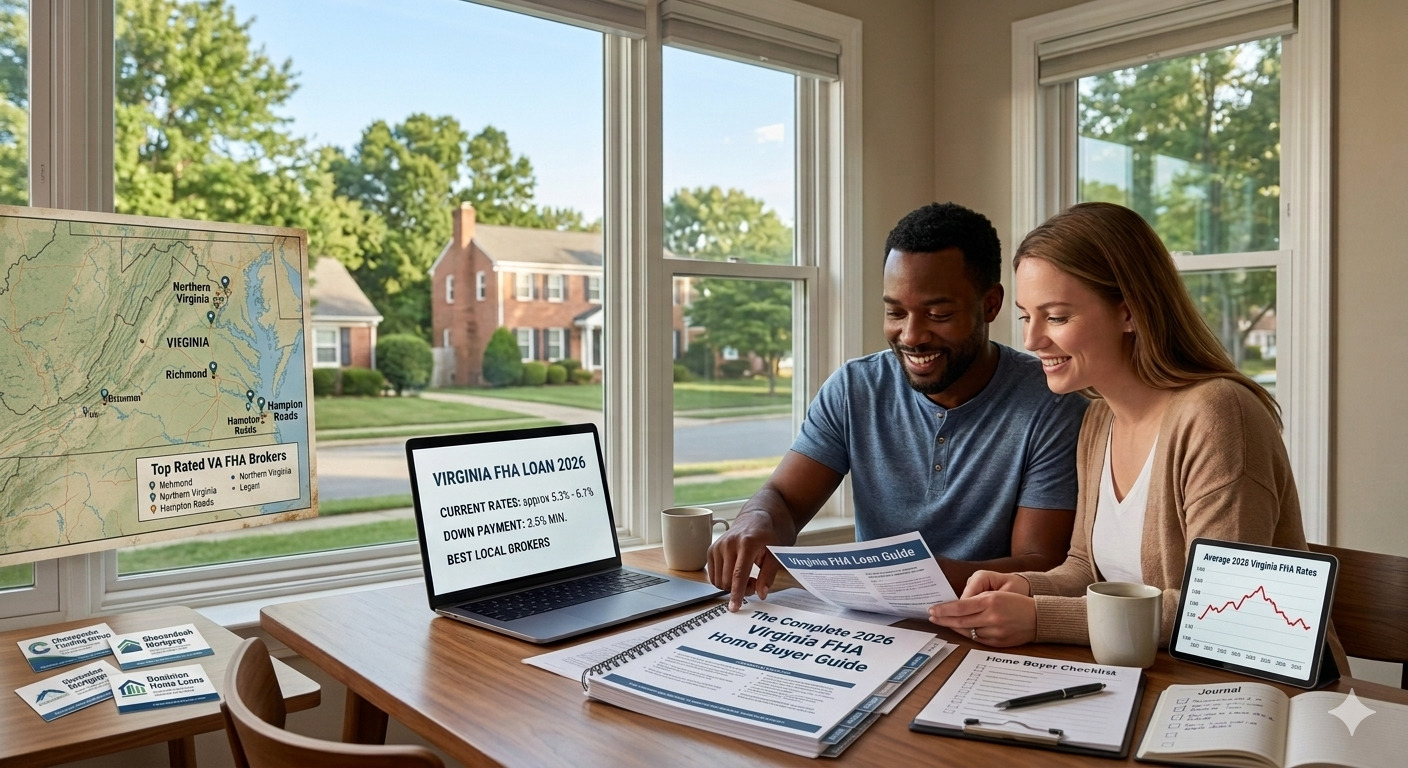 FHA Loan in Virginia 2026 guide showing current mortgage rates, top FHA approved brokers, affordable home financing options, low down payment requirements, and home buyer assistance programs for Virginia residents.