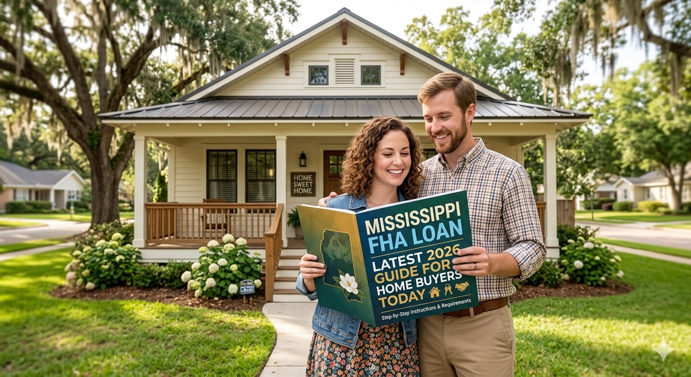 FHA loan Mississippi 2026 guide for home buyers showing modern house, mortgage documents, and home financing concept for first time buyers in Mississippi.