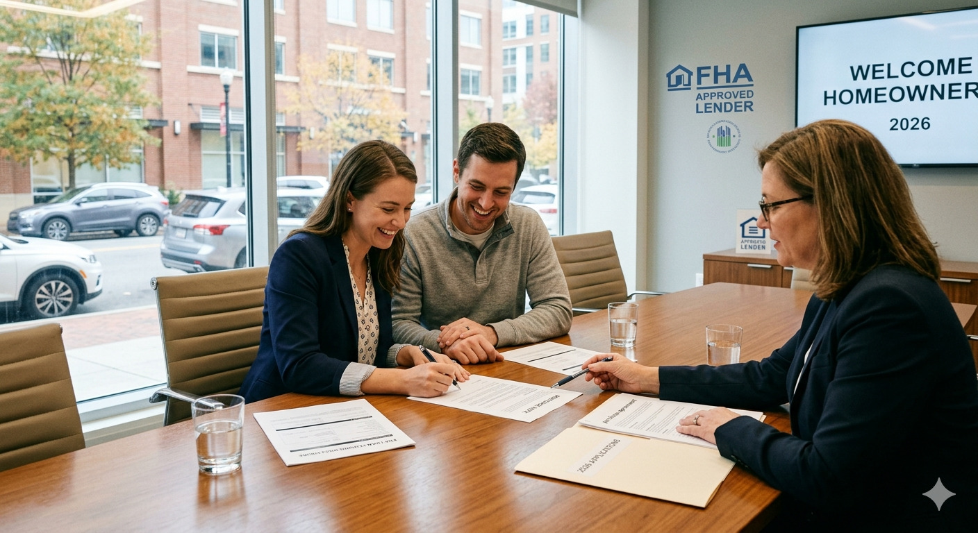 A home buyer reviewing documents and completing an FHA loan application in 2026, with mortgage paperwork, financial records, and a house model on a desk, illustrating the step by step FHA loan approval process for first time home buyers.