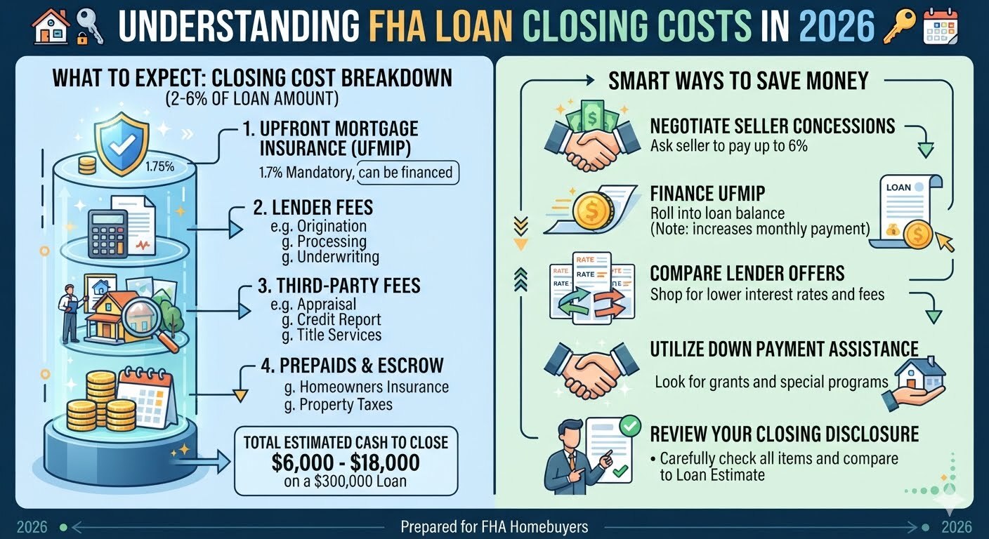 FHA Loan Closing Costs 2026: What to Expect and How to Save with a home buyer reviewing mortgage closing documents, calculator, house keys, and financial paperwork before closing on a new home.