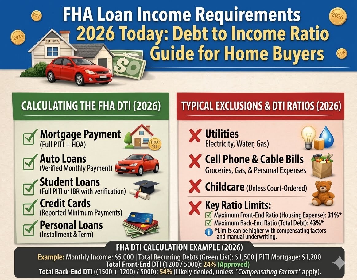 FHA Loan Income Requirements 2026 showing debt to income ratio guidelines, income verification, mortgage qualification rules, and FHA home loan approval process for home buyers.