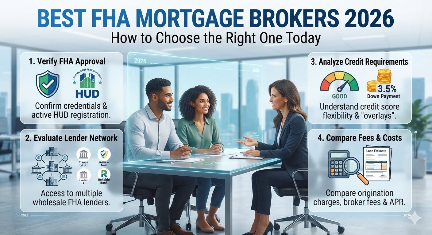 Best FHA Mortgage Brokers 2026 guide showing how to choose the right FHA mortgage broker, compare lenders, mortgage rates, loan options, and expert home financing advice for home buyers.