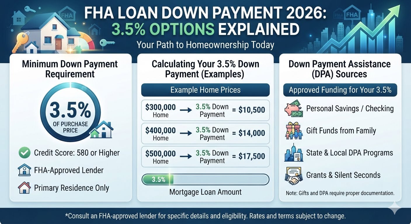 FHA Loan Down Payment 2026 with 3.5% down payment options explained for home buyers, including FHA loan requirements, eligibility, credit score, gift funds, and down payment assistance.