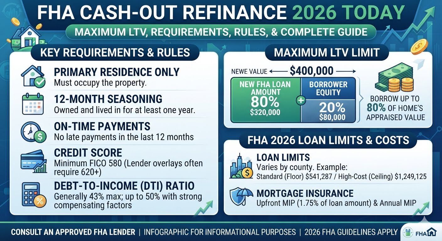 FHA Cash Out Refinance 2026 maximum LTV, eligibility requirements, home equity refinance, and mortgage guidelines