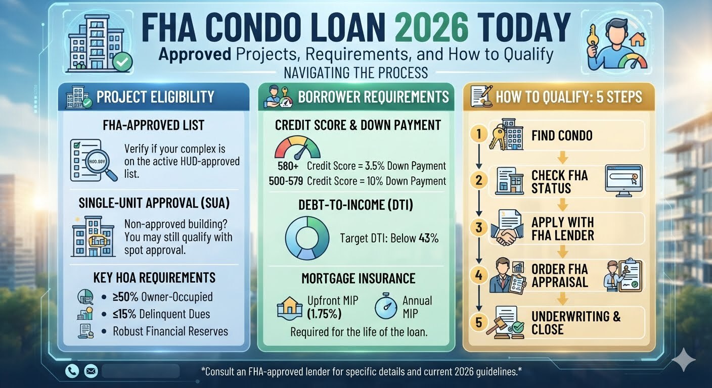 Learn everything about FHA Condo Loan 2026, including approved condo projects, eligibility requirements, down payment rules, and how to qualify for FHA financing with confidence.