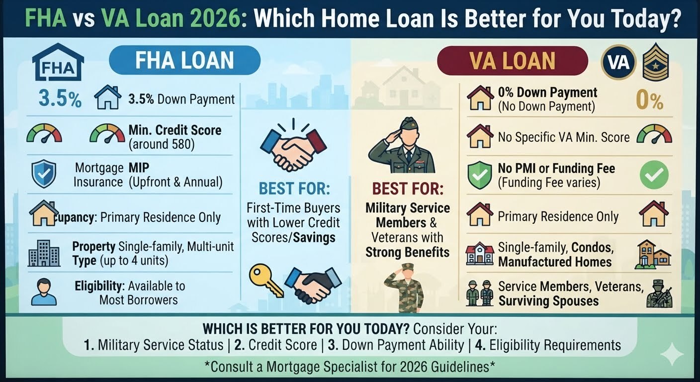 FHA vs VA Loan 2026 comparison chart showing key differences in down payment, credit score requirements, mortgage insurance, eligibility, and monthly payment options for home buyers.