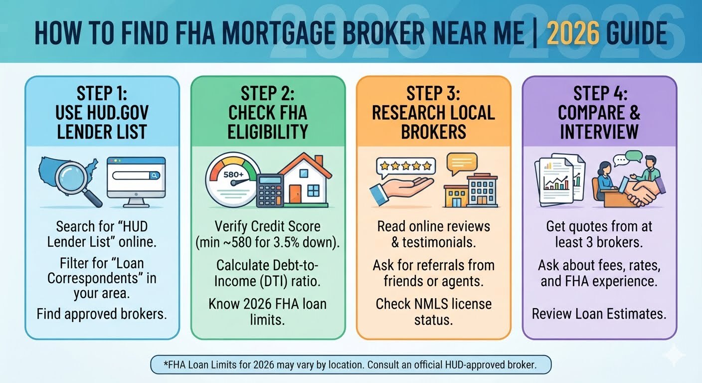 How to Find FHA Mortgage Broker Near Me 2026 guide showing a home buyer meeting with a professional mortgage broker to compare FHA loan options and secure the best home financing.