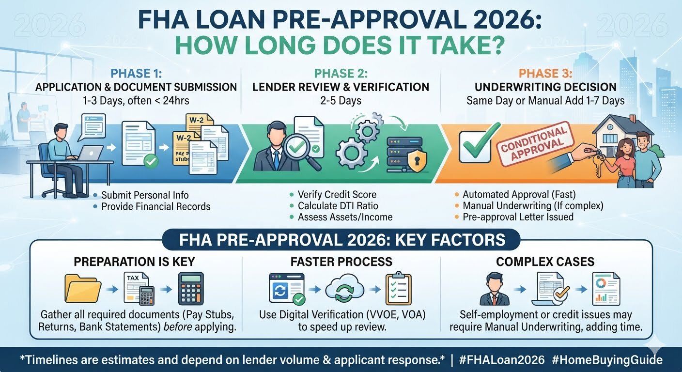 FHA Loan Pre Approval 2026 guide showing how long the pre approval process takes, required documents, mortgage approval timeline, and tips for first time home buyers.
