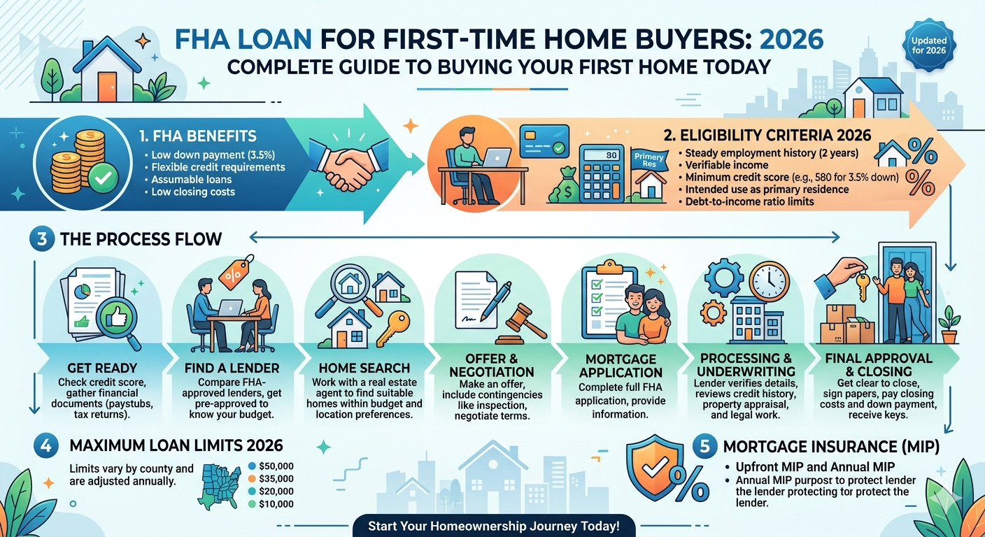 FHA Loan for First Time Home Buyers 2026 guide showing a young couple meeting with a mortgage lender, reviewing home loan documents, and planning to buy their first home with an affordable FHA mortgage.