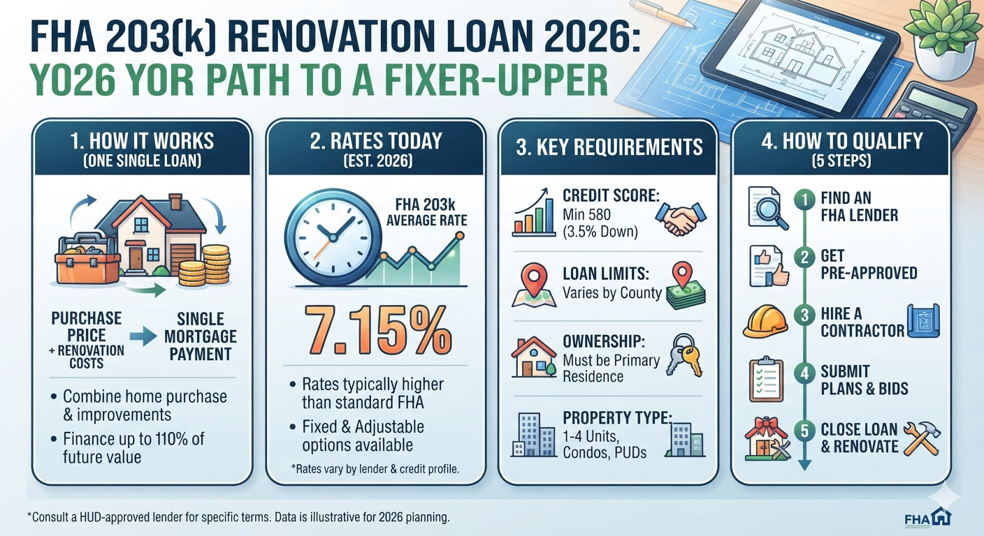 FHA 203k Renovation Loan 2026 guide showing home renovation financing, current mortgage rates, eligibility requirements, and the process of buying and renovating a home with one FHA loan.