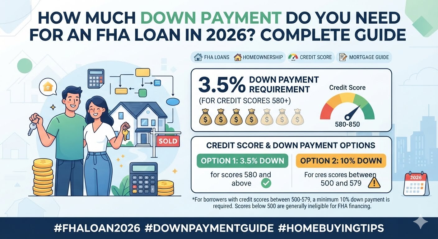 Home buyer reviewing FHA loan documents with a calculator, house keys, and savings plan while learning how much down payment you need for an FHA loan in 2026.