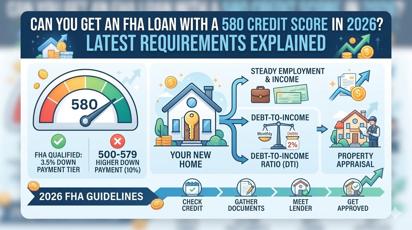 "Can You Get an FHA Loan With a 580 Credit Score? Illustration of a home buyer reviewing FHA loan requirements, credit score eligibility, and mortgage approval options in 2026."