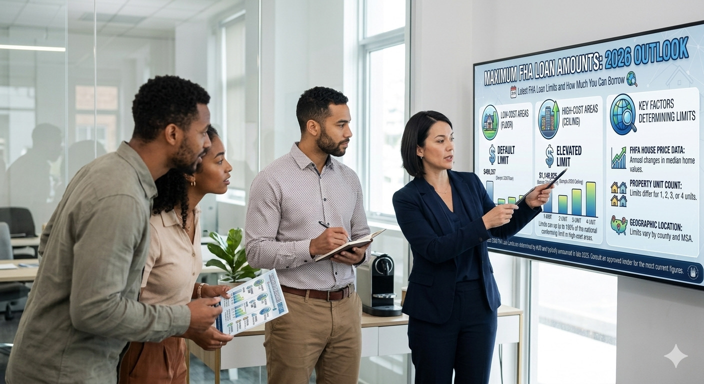 "Maximum FHA Loan Amount 2026 guide showing updated FHA loan limits, mortgage eligibility, home financing options, and loan amounts for home buyers."