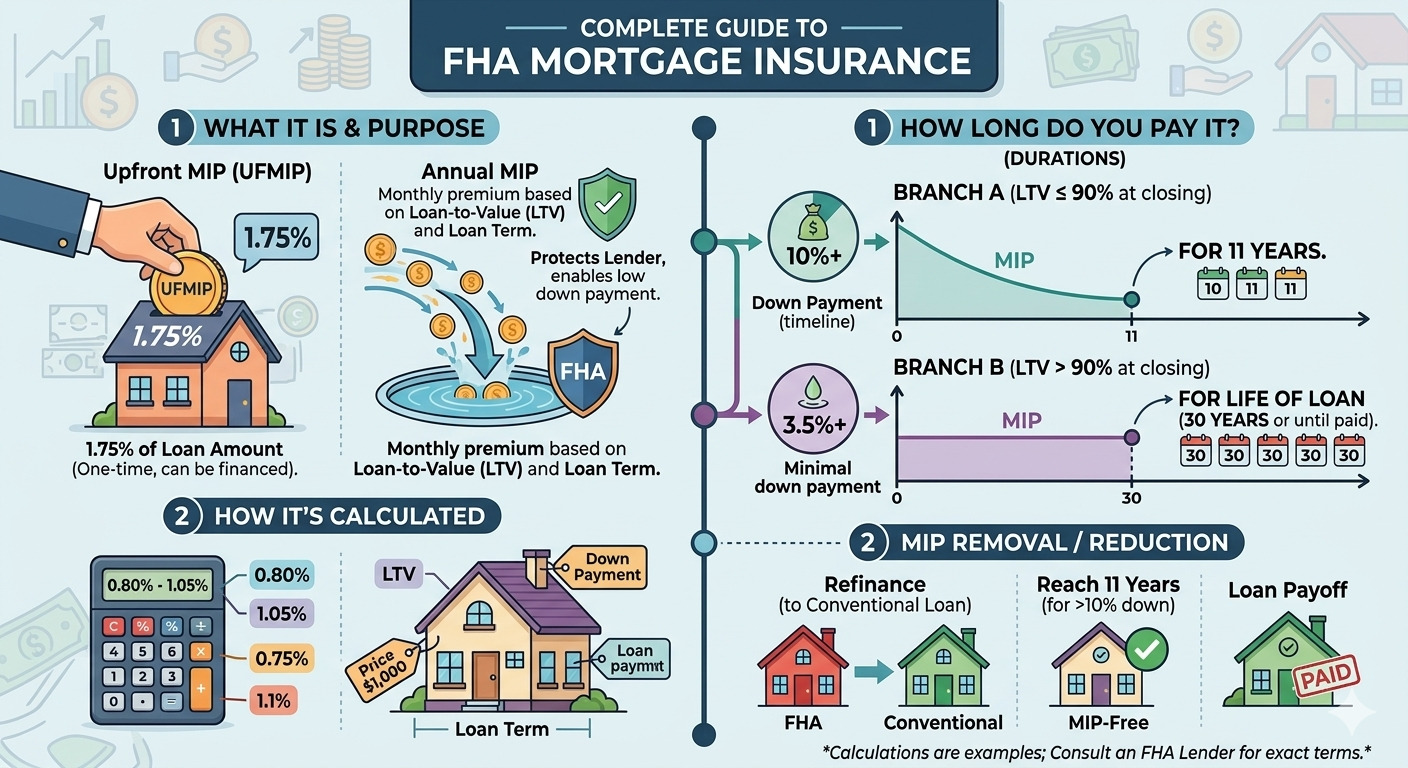 Home buyer reviewing FHA mortgage insurance costs, monthly MIP payments, loan documents, and home financing options for FHA loans in 2026.